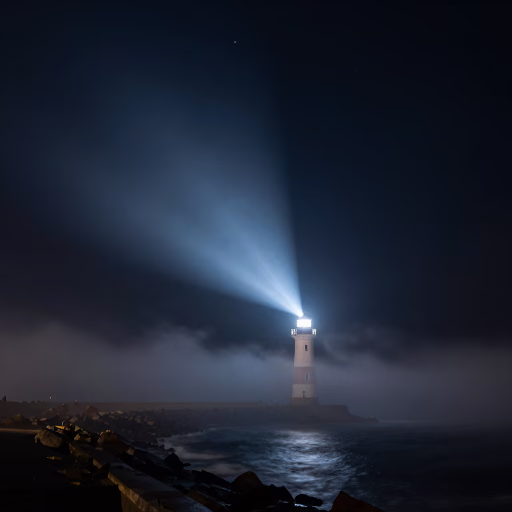 Lighthouse Beam Sweeps Foggy Coastline Night in near Al Diwaniyah