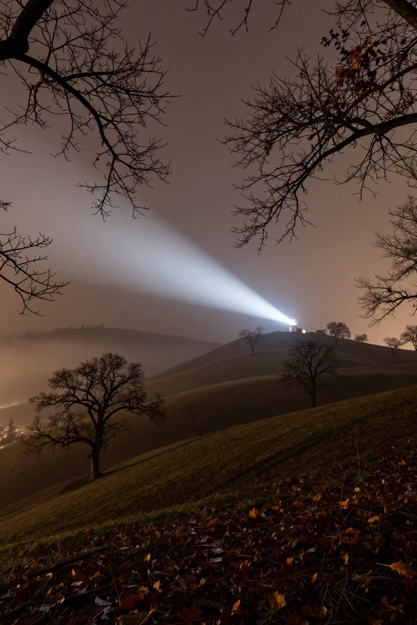 Lighthouse Beam Sweeps Late Autumn Hills in near Arish