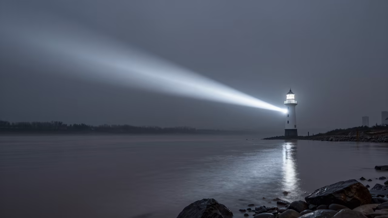 Lighthouse Beam Sweeps Rainy Chongqing Coastline Night in across a floodplain after rain near Chongqing