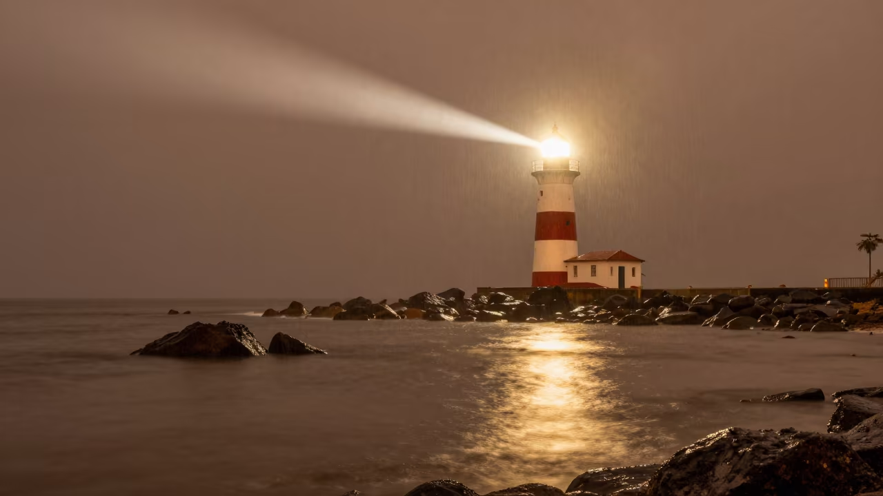 Lighthouse Beam Sweeps Through Rainy Dusk Fog in under the clearest stretch of sky in Trinidad and Tobago