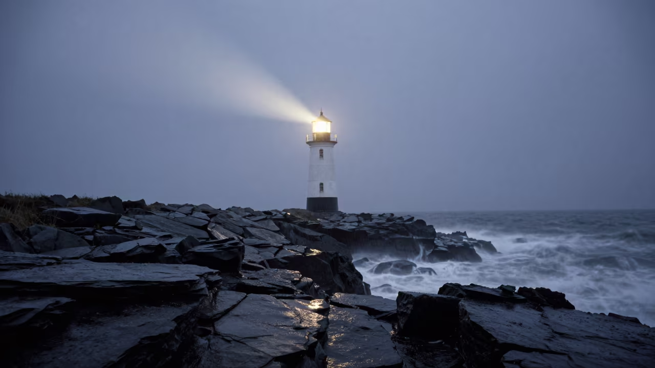 Lighthouse Beam Sweeps Rainy Night Coast in along a wave-cut shoreline in Laos