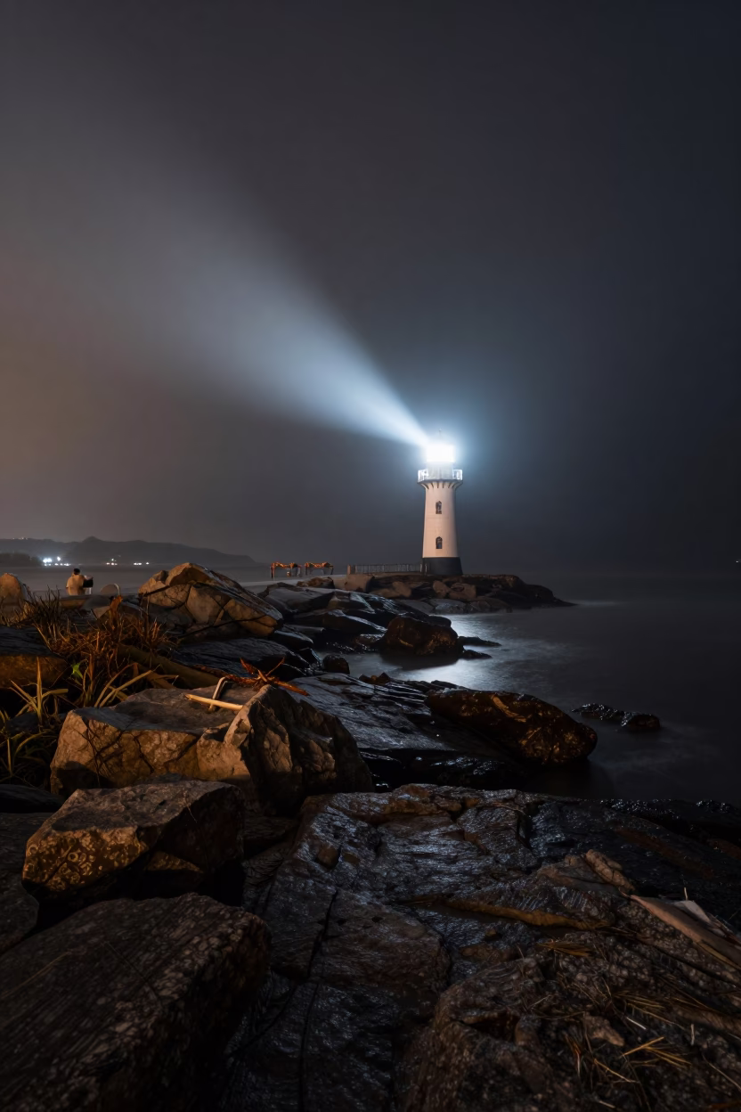 Lighthouse Beam Sweeps Rocky Coastline Night Fog in near Hangzhou