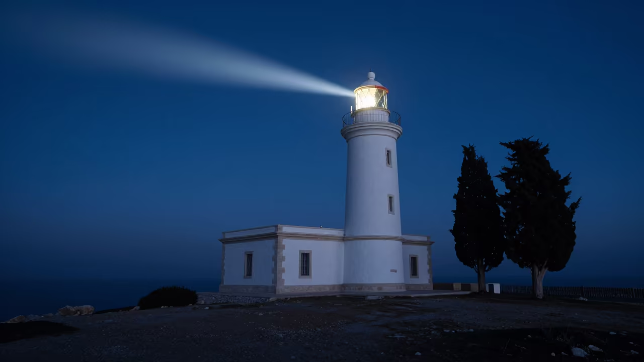 Lighthouse Beam Through Winter Mist Greek Night in in the Greek Islands