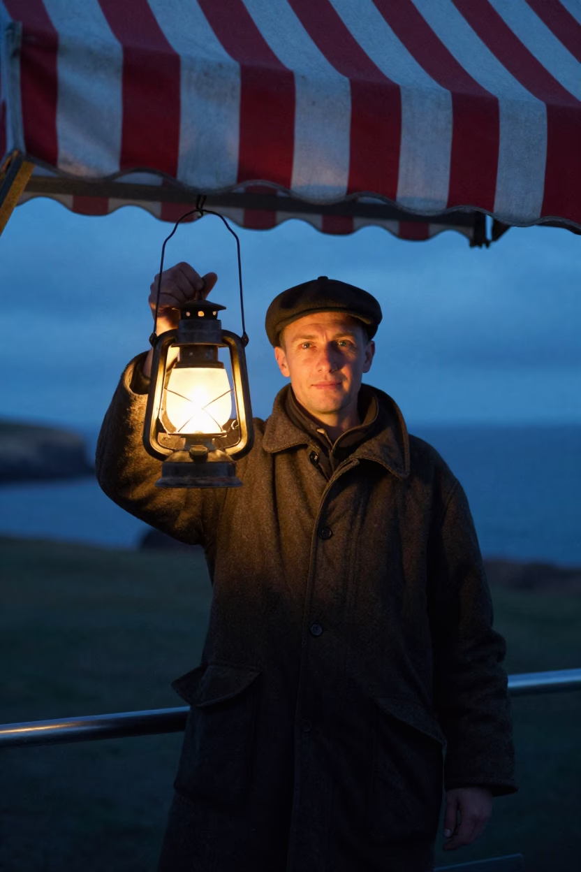 Lighthouse Keeper with Lantern Under Cork Awning in under a striped market awning near Cork