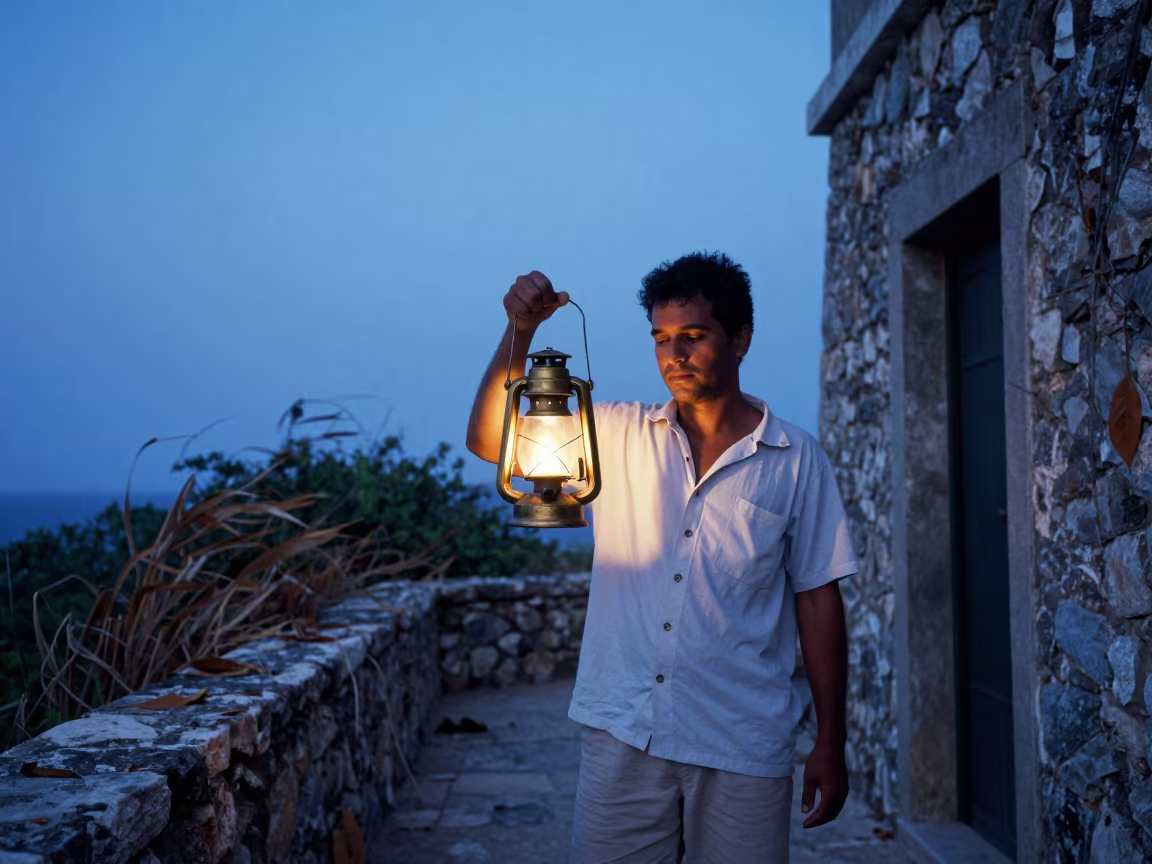 Lighthouse Keeper with Lantern in Dusk Alley in in a narrow stone alley near Isla Margarita