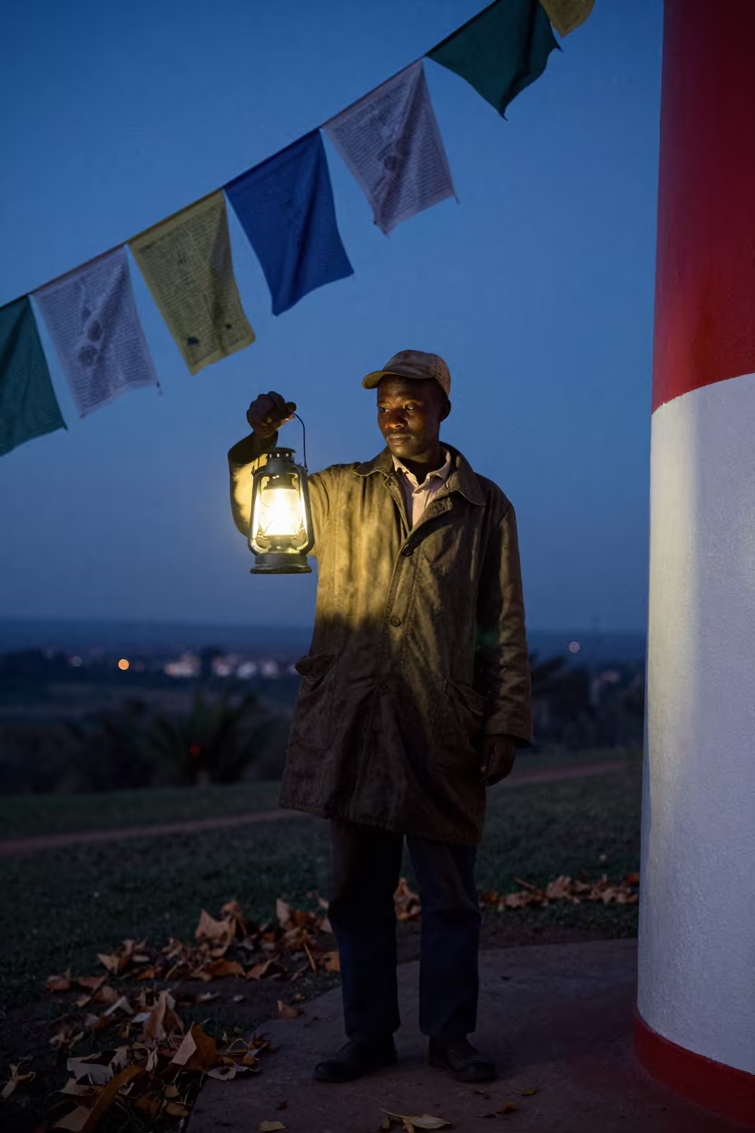 Lighthouse Keeper With Lantern at Dusk in beneath a line of prayer flags near Mbuji-Mayi
