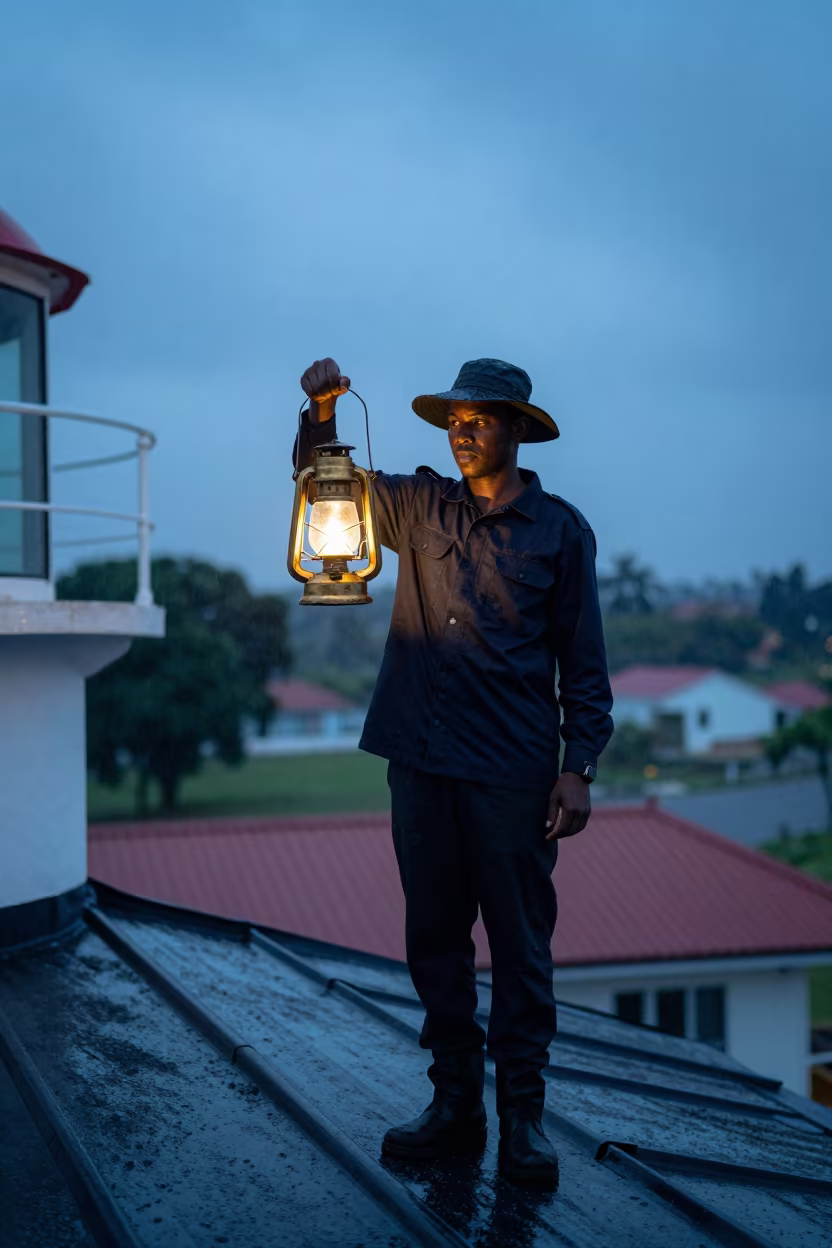 Lighthouse Keeper with Lantern at Dusk in Yamoussoukro in along a windswept rooftop near Yamoussoukro
