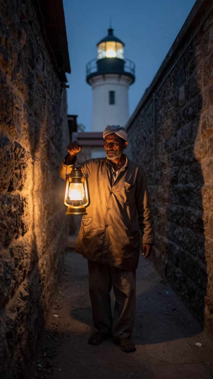 Lighthouse Keeper with Lantern in Karachi Alley in in a narrow stone alley near Karachi