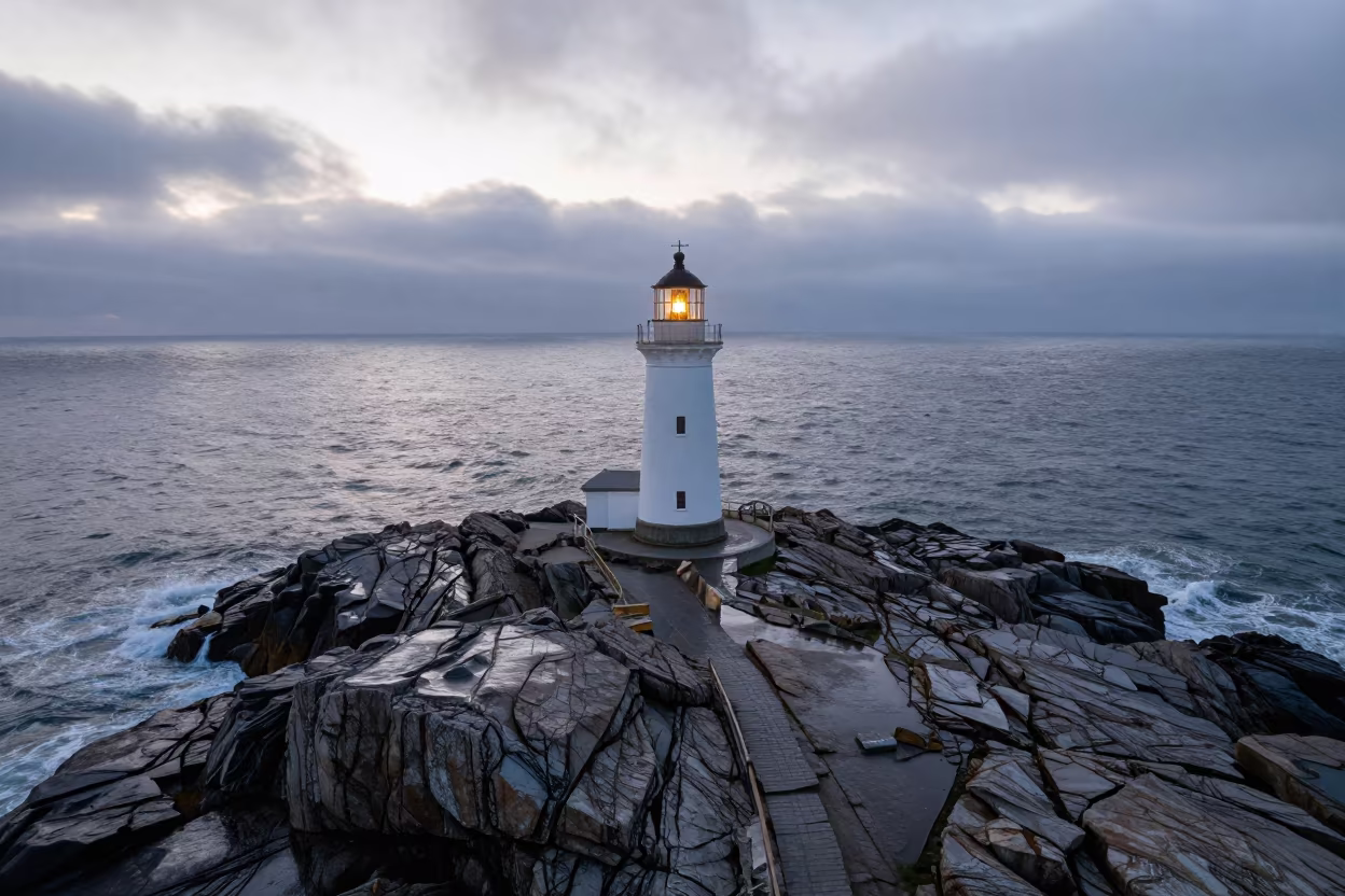 Lighthouse on Rocky Headland at Dawn in in a lantern-lined temple precinct near Kinshasa