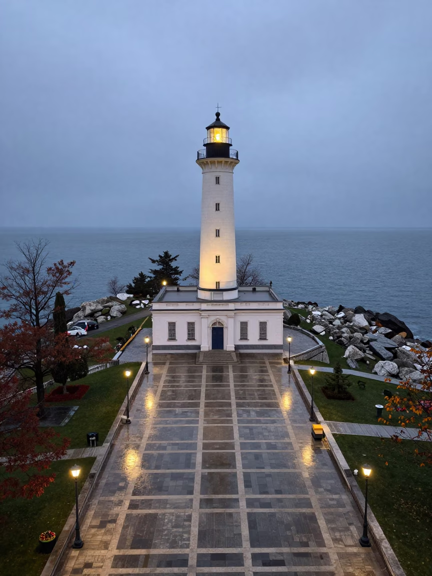 Lighthouse on Rocky Headland Over Slovenia Plaza in across a formal civic plaza in Slovenia