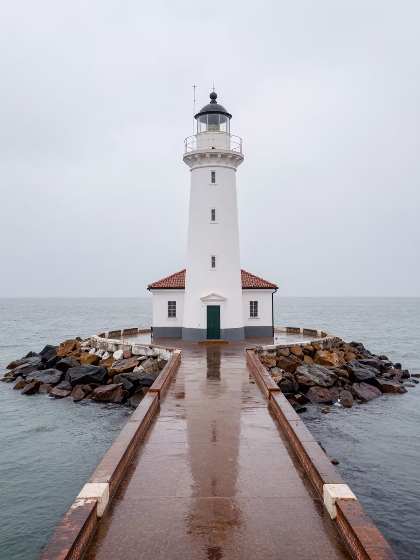 Lighthouse on Rocky Island Midday in beside a canal-front facade in Murino