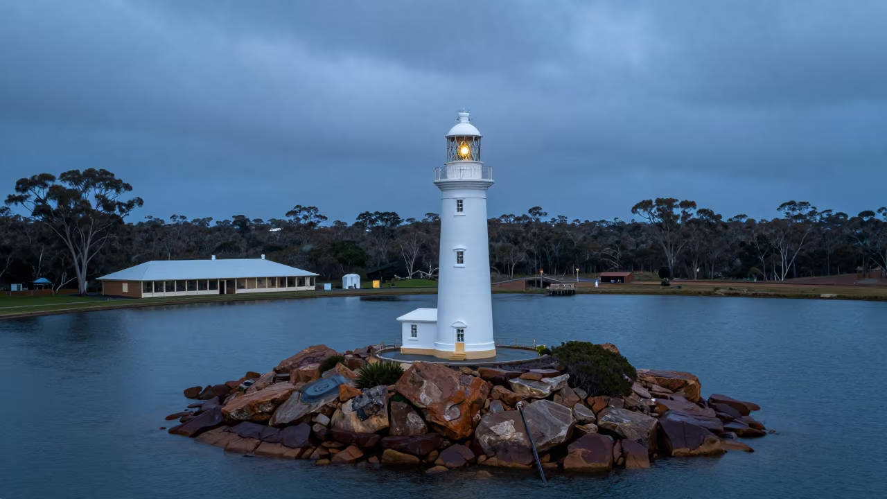 Lighthouse on Rocky Island Monsoon Twilight in beside a canal-front facade in the Outback