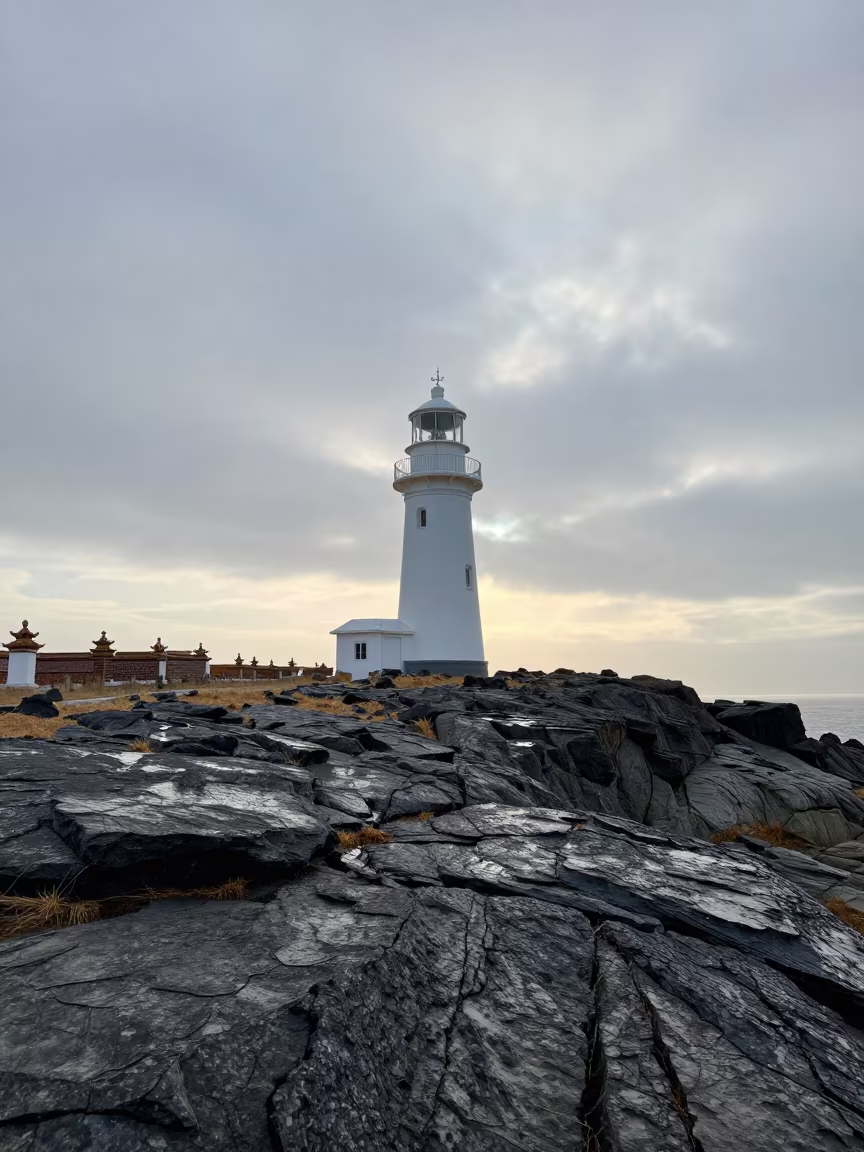 Lighthouse on Rocky Point Before Dawn in in a lantern-lined temple precinct in Lucknow