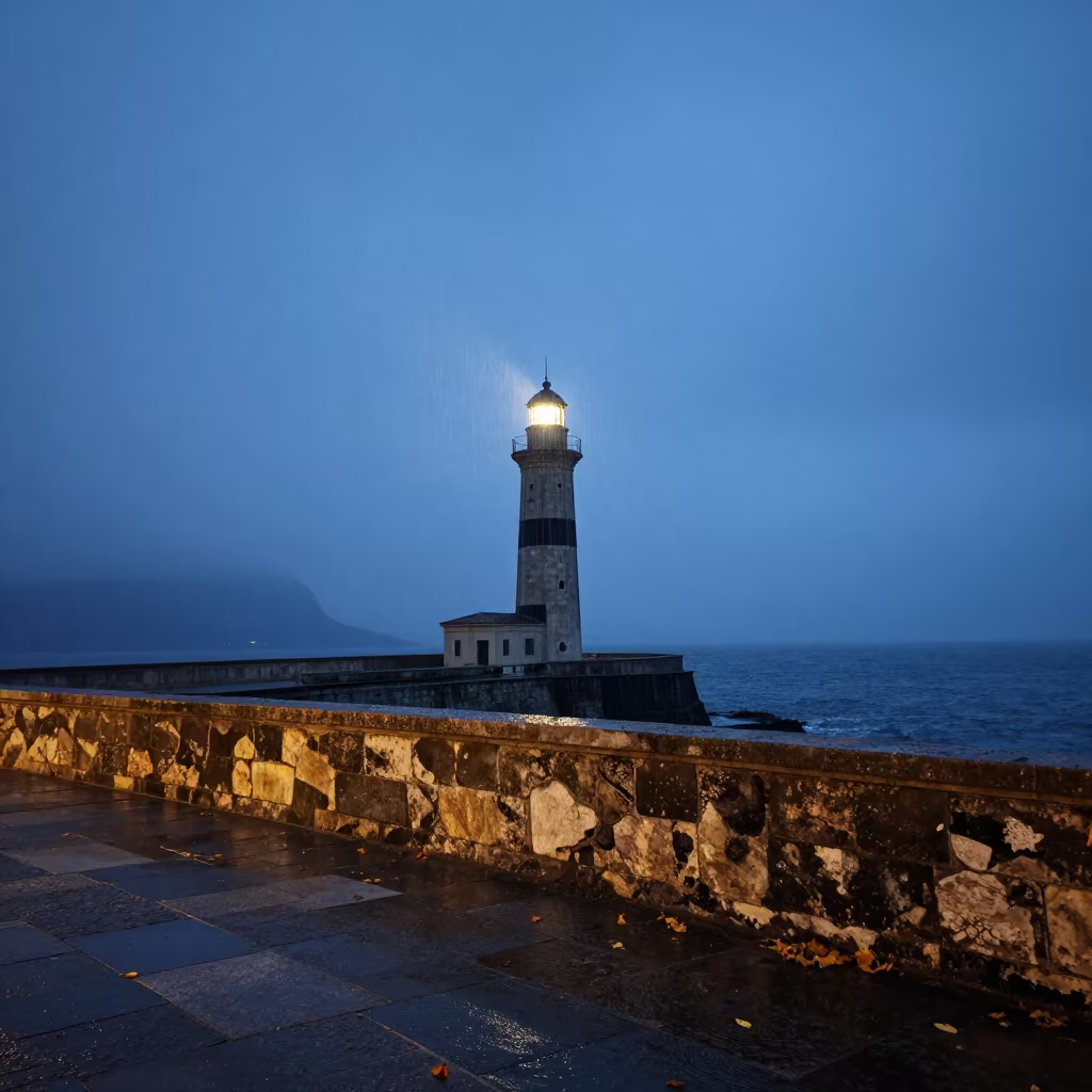 Lighthouse Silhouette in Autumn Fog and Blue Hour Twilight in through low marine fog near Catania
