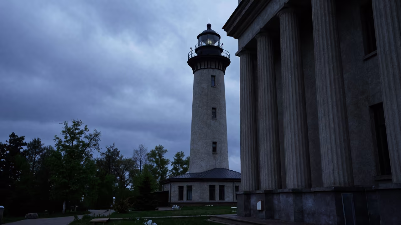 Lighthouse Silhouette Against Colonnade at Dusk in along a colonnaded facade near Chelyabinsk