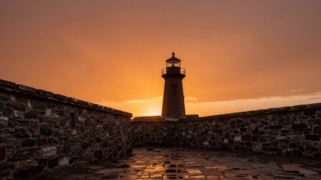 Lighthouse Silhouette Against Orange Sunset Sky in outside a wind-scoured fortress wall in Canada