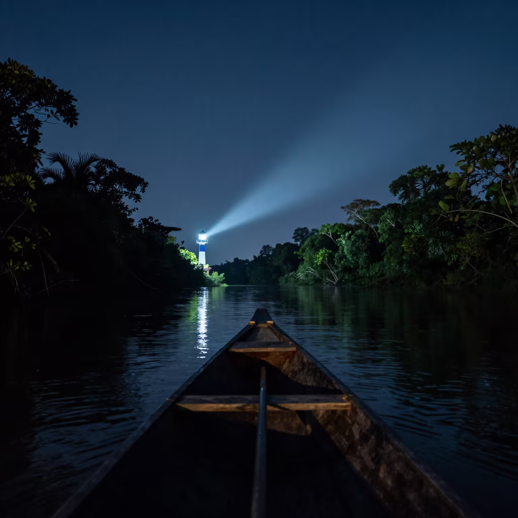 Lighthouse sweep on jungle river at night in near Bang Rak, Bangkok
