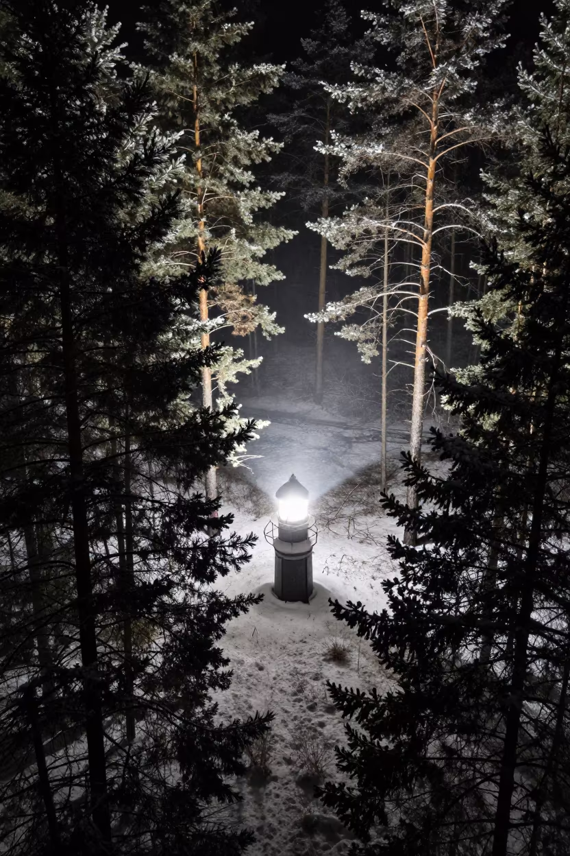 Lighthouse Sweep Over Snowy Pine Forest in near Šiauliai