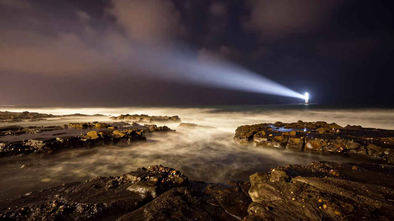 Lighthouse Sweep Over Tide Pools at Night in near Salvador