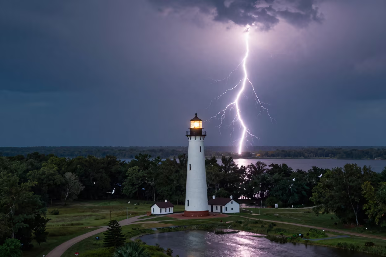 Lightning Fork Beside Arkansas Lighthouse Midday in across a storm-bright plain in Arkansas