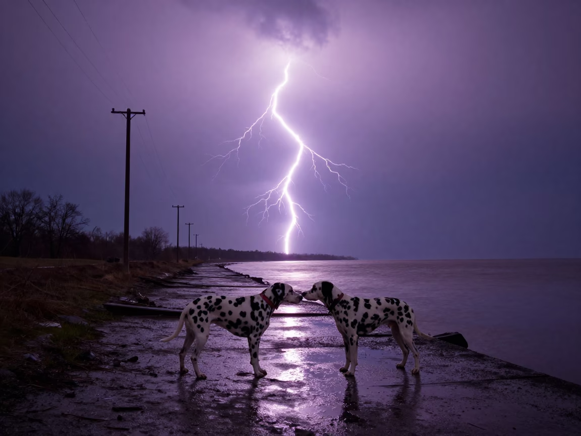 Lightning Fork Over Dalmatian Coast at Twilight in across a storm-bright plain in the Dalmatian Coast