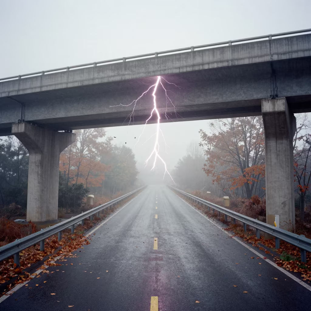 Lightning Fork Over Foggy Henan Overpass Late Autumn in through low marine fog in Henan