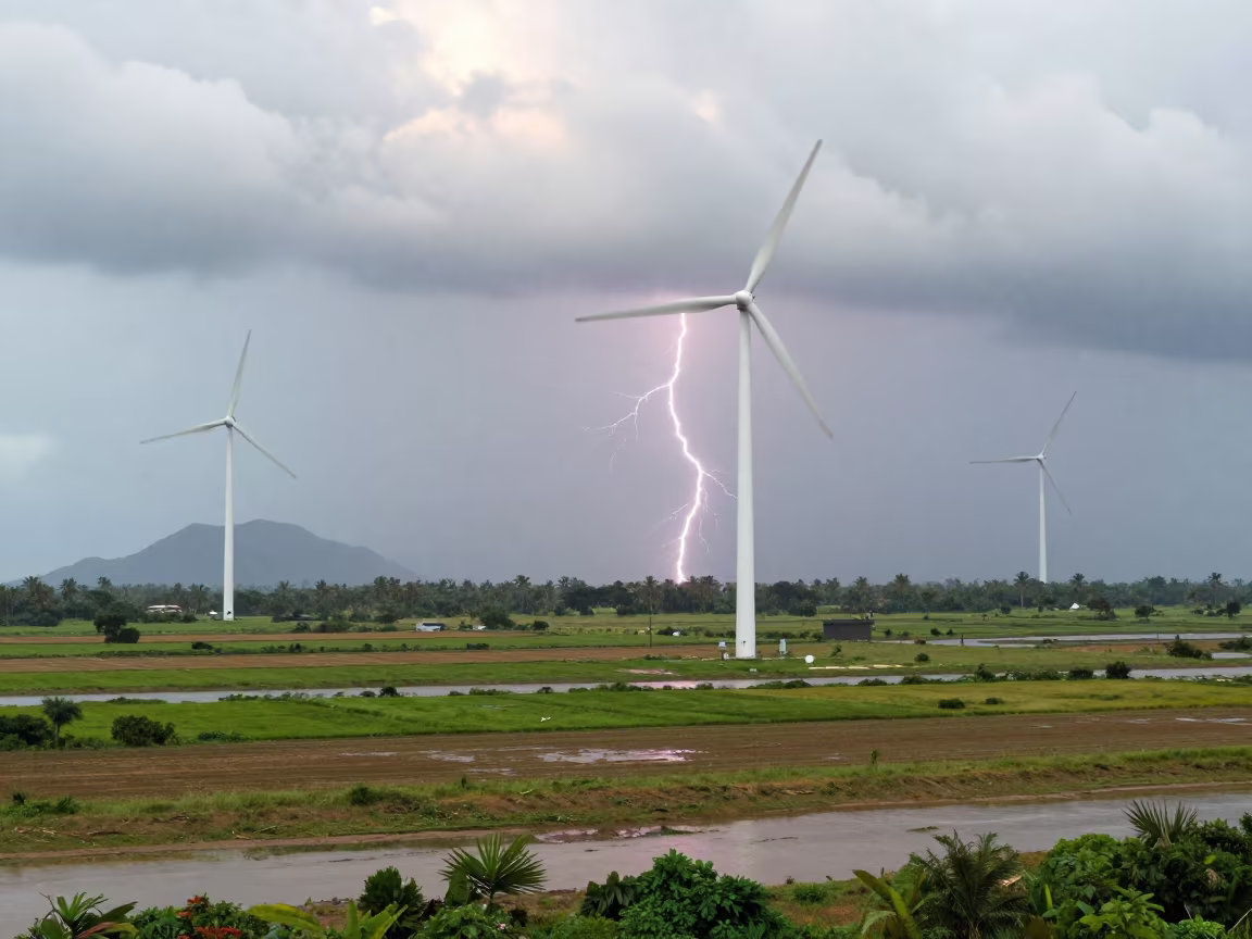 Lightning Fork Over Mekong Delta Wind Turbines in across a storm-bright plain in the Mekong Delta