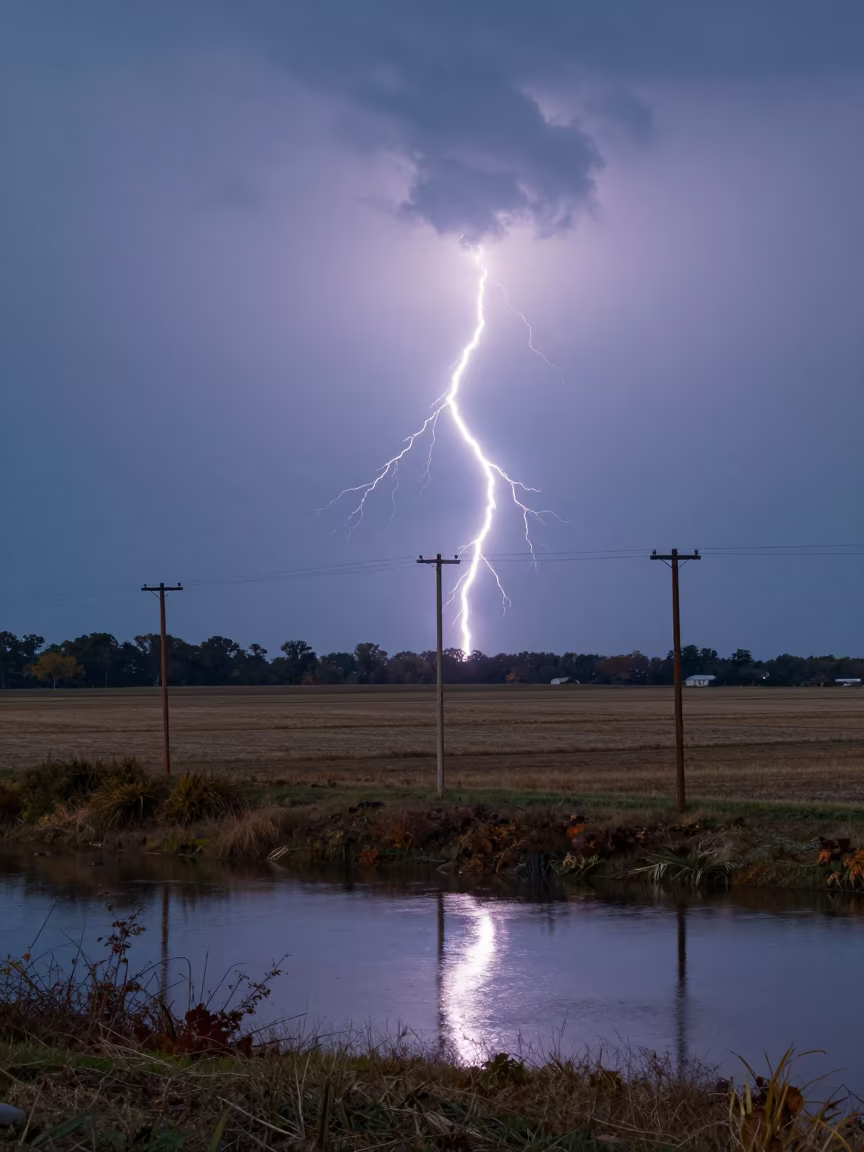 Lightning Fork Over Mississippi Storm Plain Blue Hour in across a storm-bright plain in Mississippi
