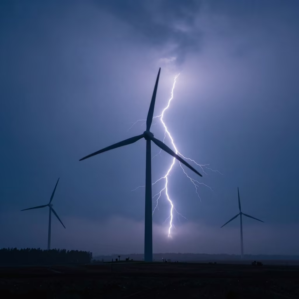 Lightning Fork Over Wind Turbines at Blue Hour in through low marine fog near Minsk
