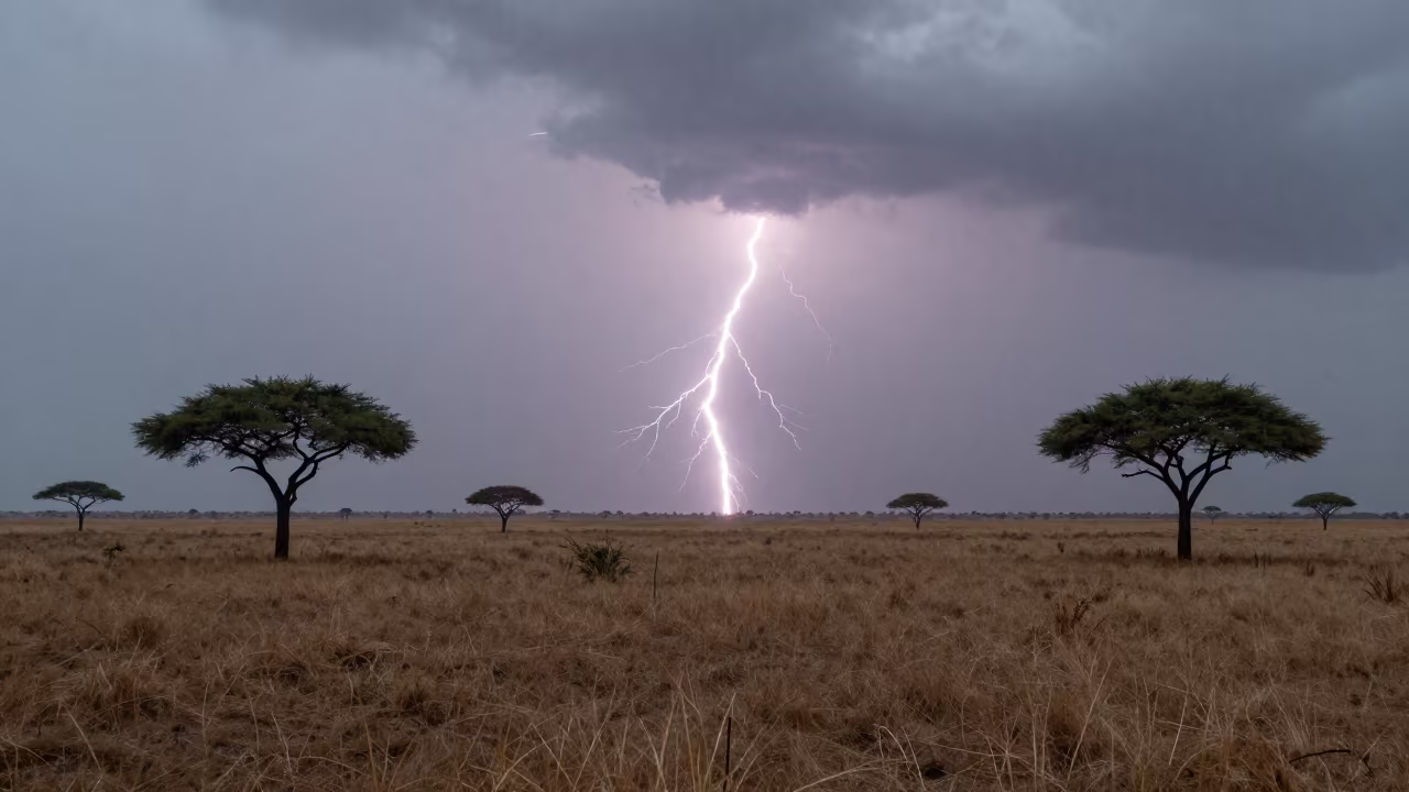 Lightning Forks Over Serengeti Prairie in Storm in in the Serengeti