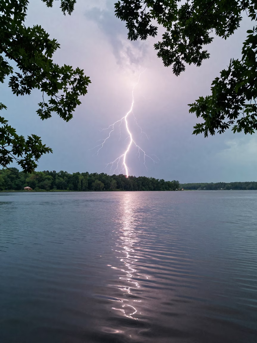 Lightning Over Rippled Lake Monsoon Mississippi in across a storm-bright plain in Mississippi