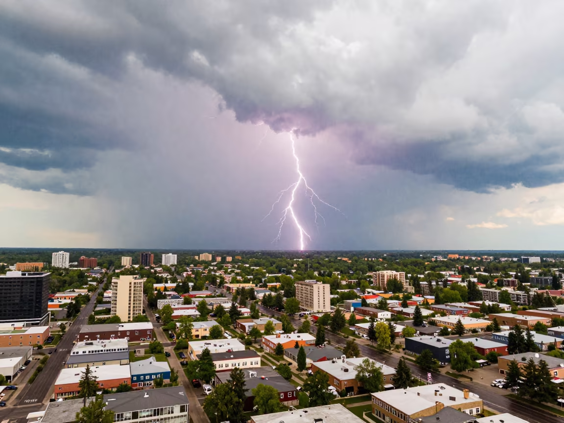 Lightning Over Sleeping City in Alberta Rain in beneath fast-moving cloud bands in Alberta