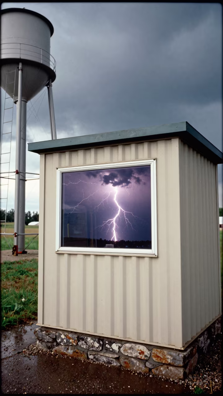 Lightning Reflection in Substation Window Manitoba in beside a water tower ladder in Manitoba