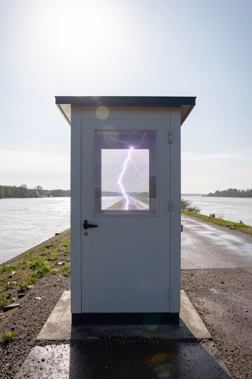 Lightning Reflection on Substation Window in along a levee path above floodwater in Luxembourg