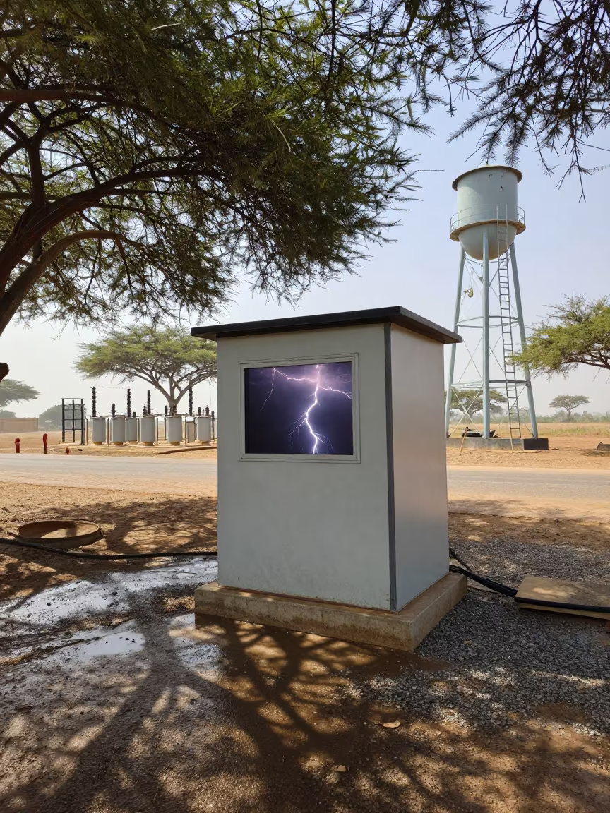 Lightning Reflection in Substation Window Niger in beside a water tower ladder in Niger