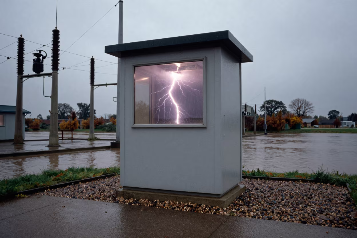 Lightning Reflection on Substation Window in along a levee path above floodwater in England
