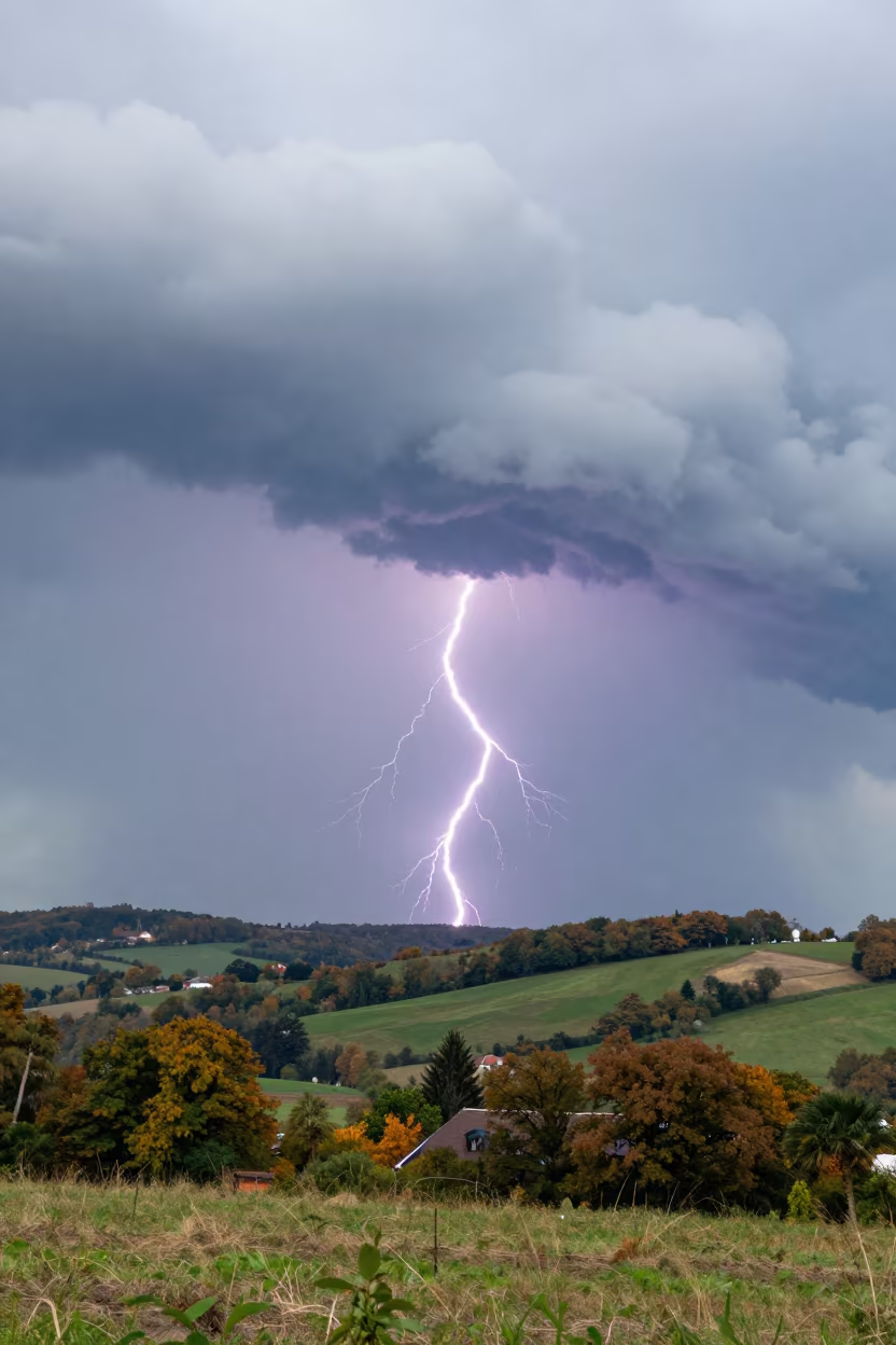 Lightning Strike Over Burgundy Storm Clouds in over a horizon of stacked thunderheads in Burgundy