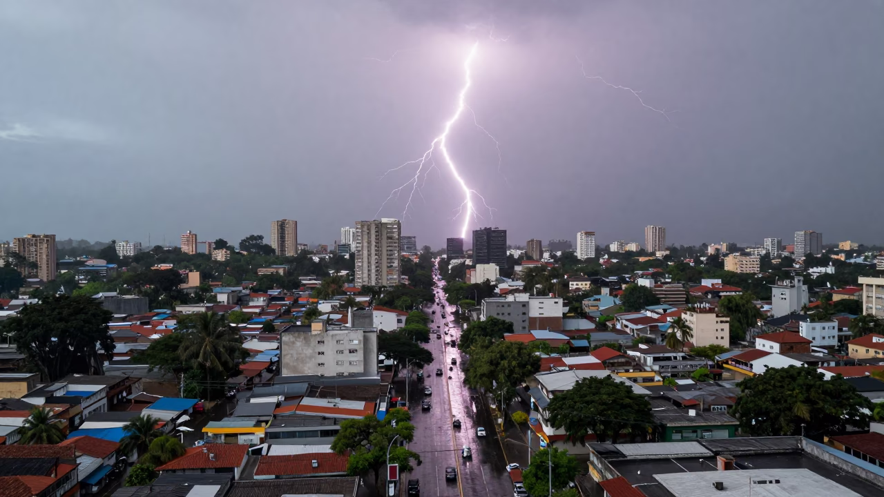 Lightning Strike Over El Salvador City Plain in across a storm-bright plain in El Salvador