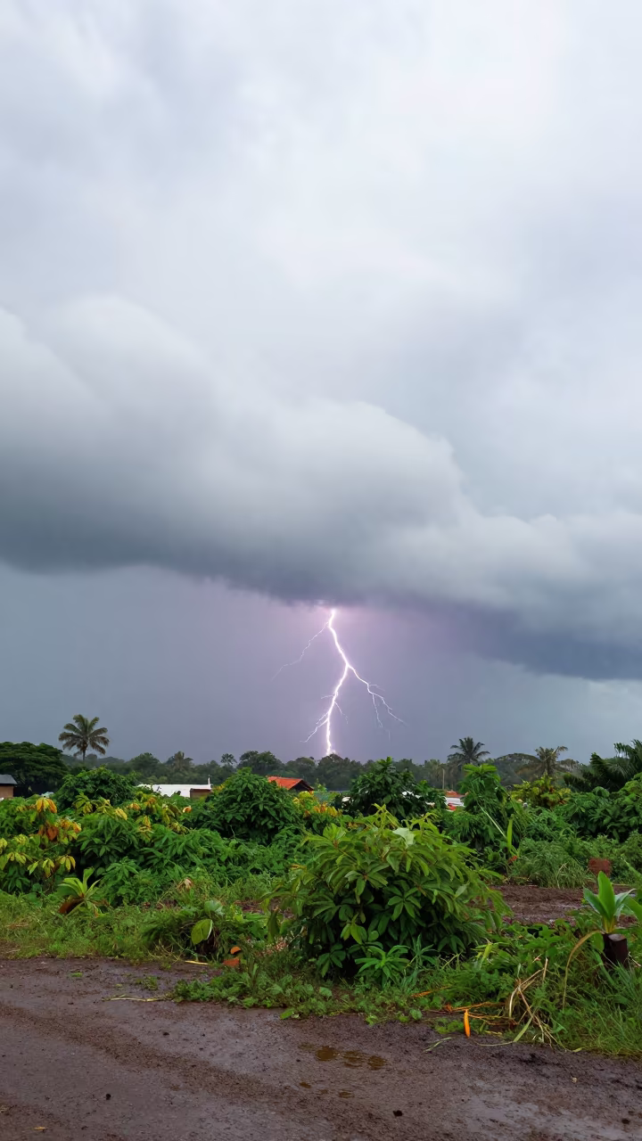 Lightning Striking Anvil Clouds Over Yola Monsoon in beneath fast-moving cloud bands near Yola