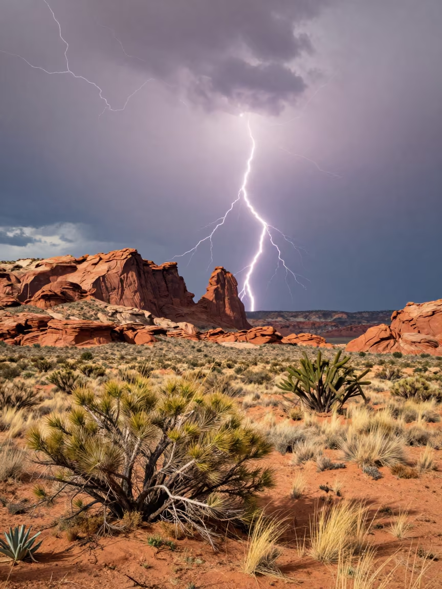 Lightning Striking Over Utah Desert Mesa in across a storm-bright plain in Utah
