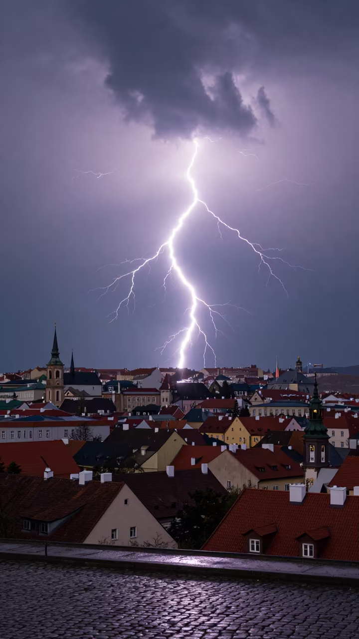 Lightning Striking Thunderhead Over Sleeping Czech City in beneath fast-moving cloud bands in Czech Republic