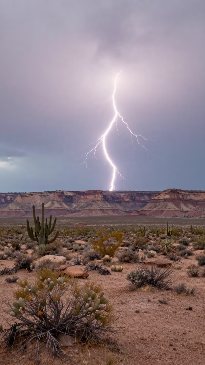 Lightning Trails Over Arizona Desert Mesa in beneath fast-moving cloud bands in Arizona