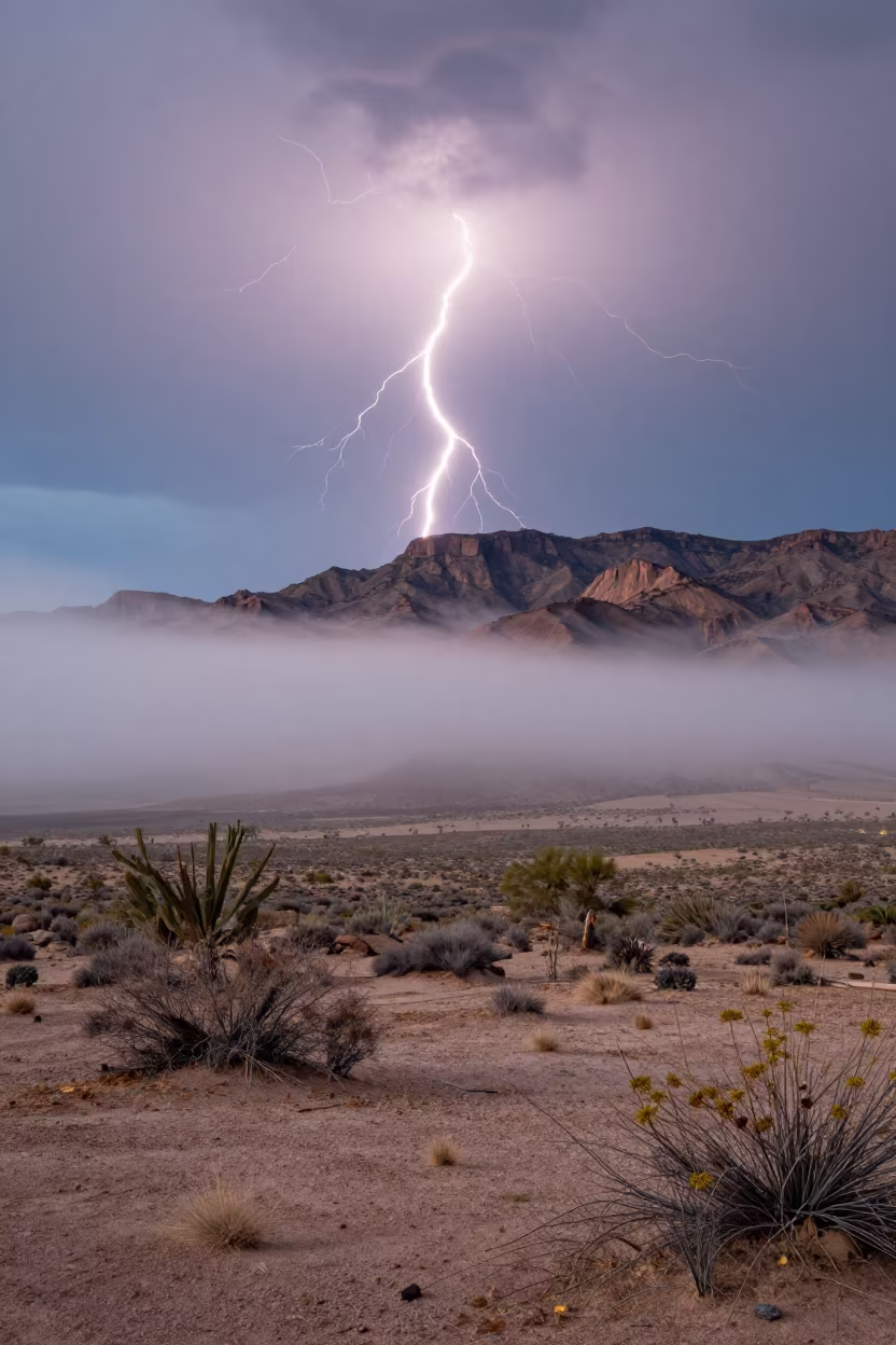 Lightning Trails Over Desert Mesa in Heat Haze in through low marine fog near Phoenix