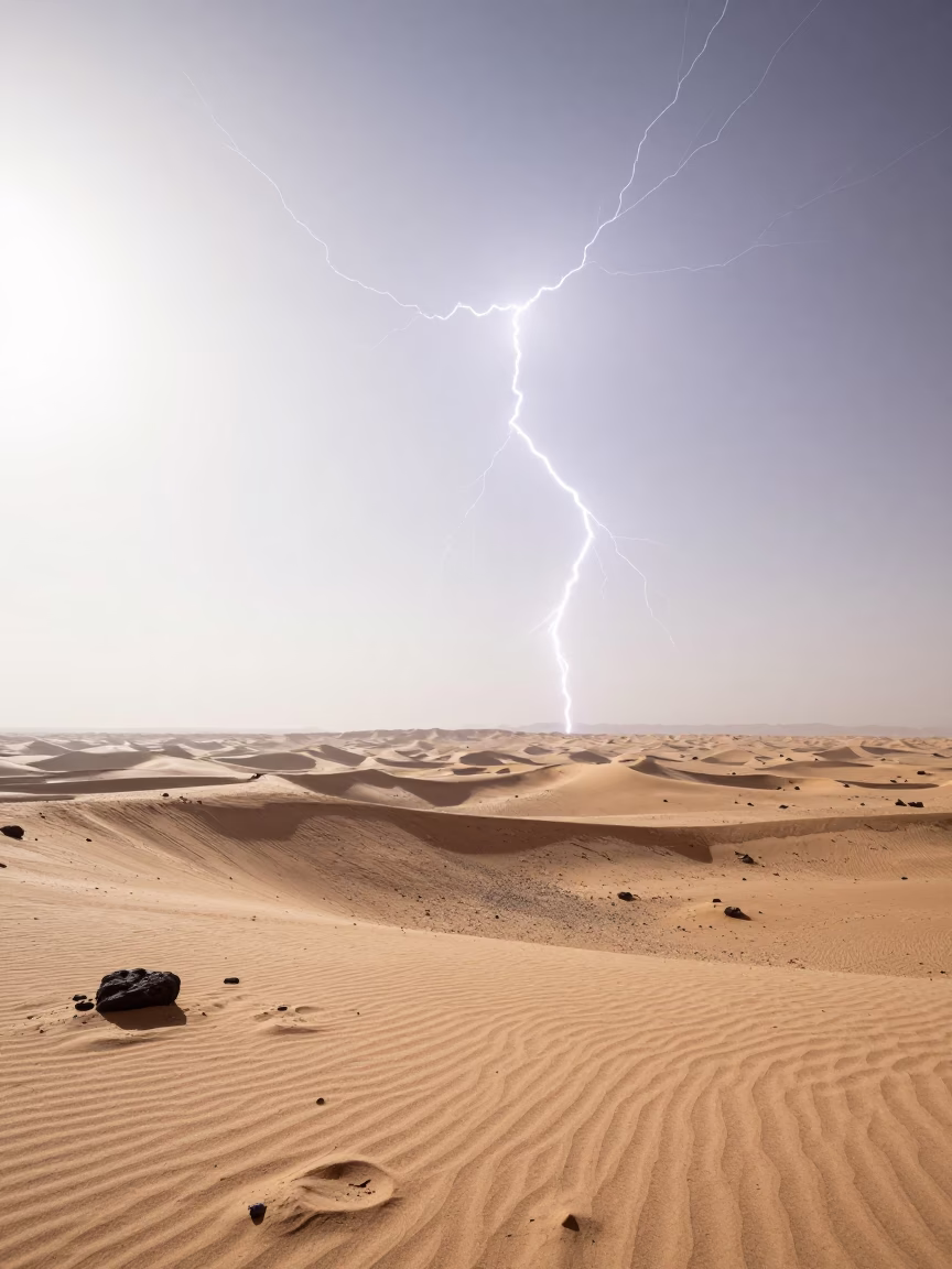 Lightning Trails Over Dubai Desert Mesa Midday in across a storm-bright plain near Bur Dubai, Dubai