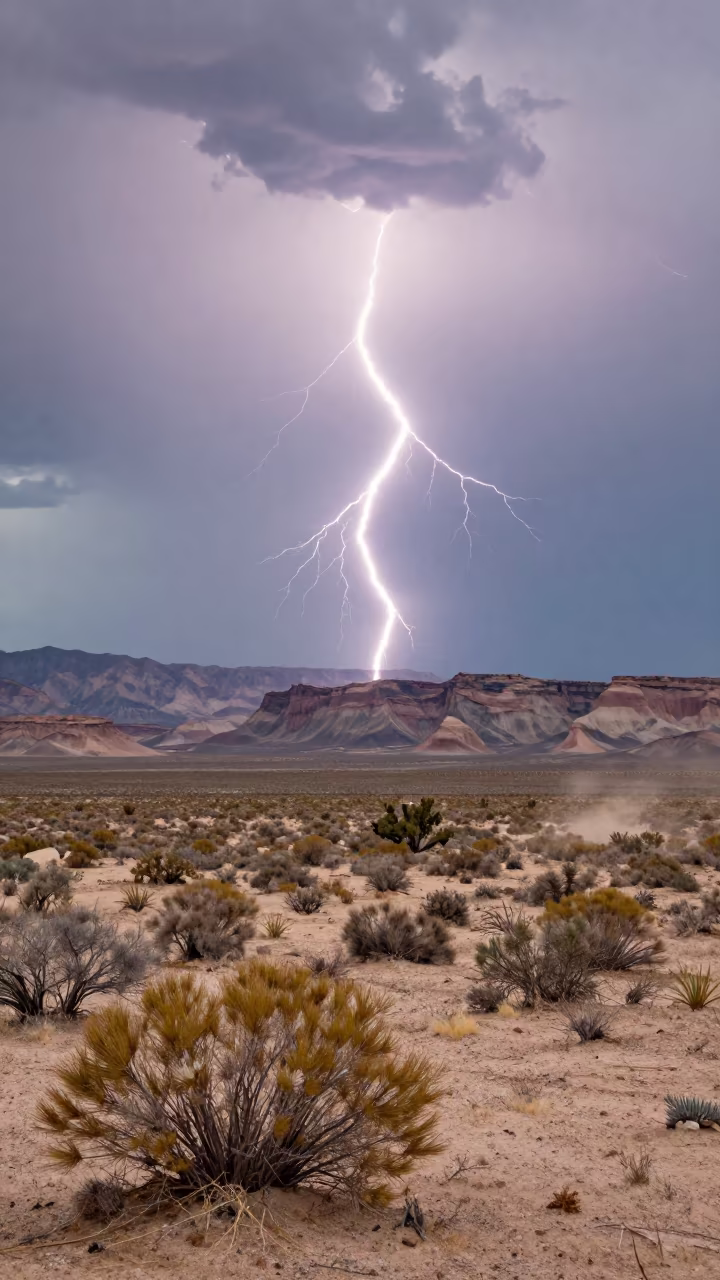 Lightning Trails Over Mexican Desert Mesa in across a storm-bright plain in Mexico