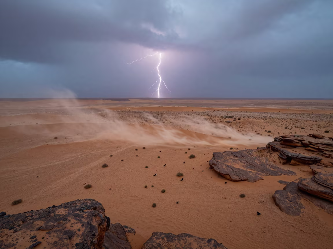 Lightning Trails Over Niger Desert Mesa in across a storm-bright plain in Niger