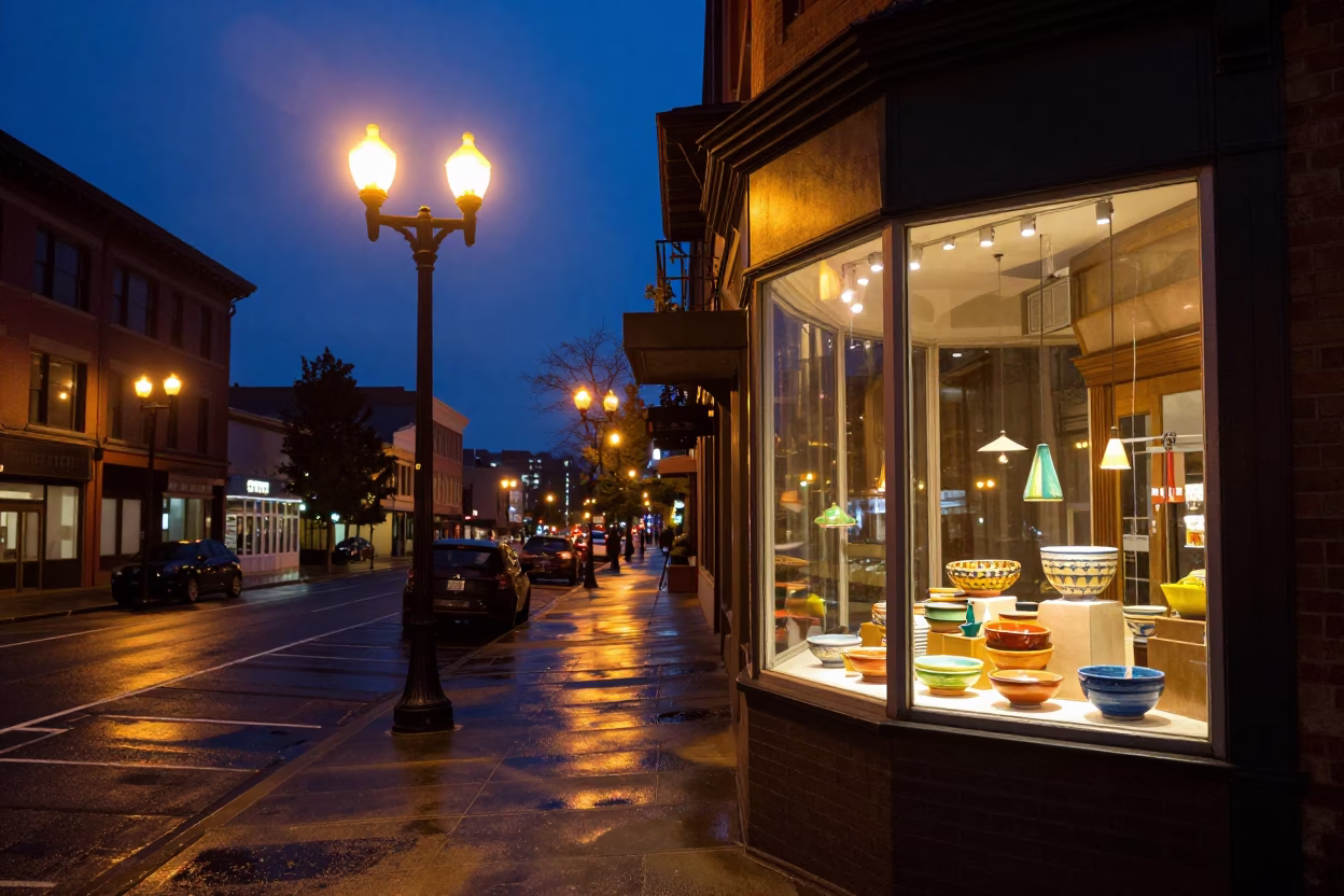 Lights Glow at As City Lights Begin To Glow in Portland in in Portland, Oregon, United States
