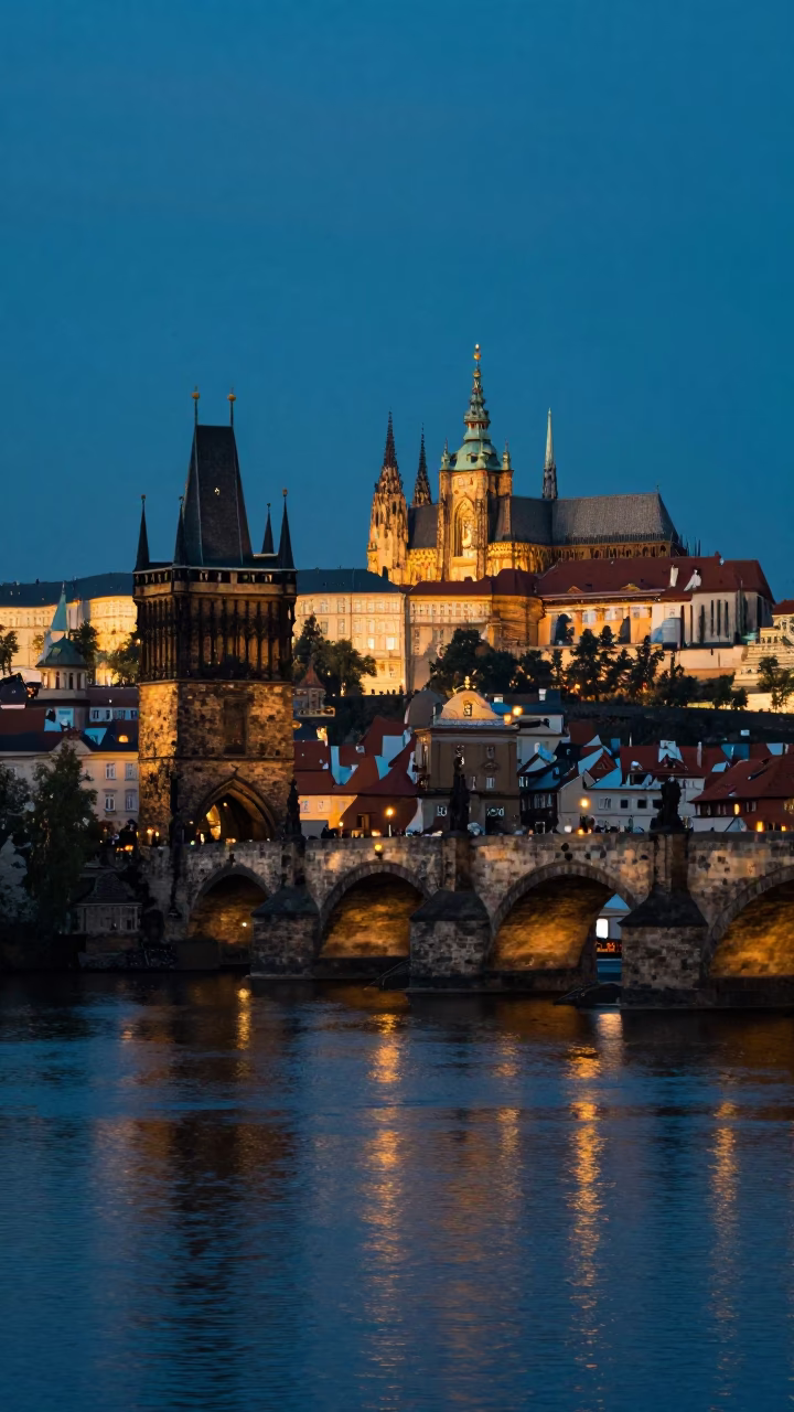 Lights Glow at As City Lights Begin To Glow in Prague in in Prague, Czech Republic