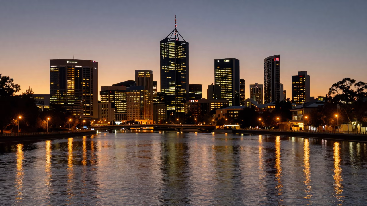 Lights Glow in Perth at As City Lights Begin To Glow in in Perth, Western Australia, Australia