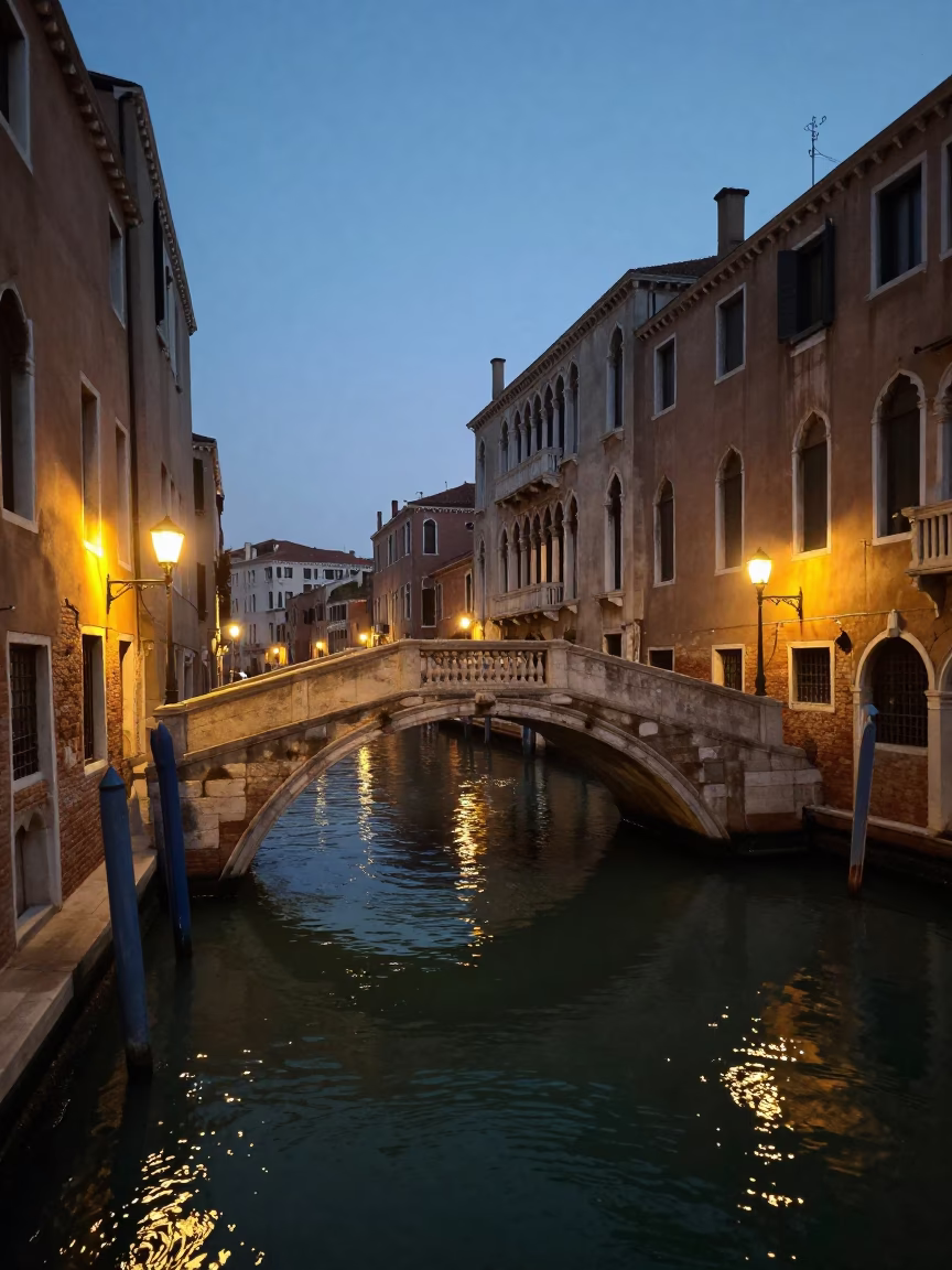Lights Glow in Venice at As City Lights Begin To Glow in in Venice, Italy